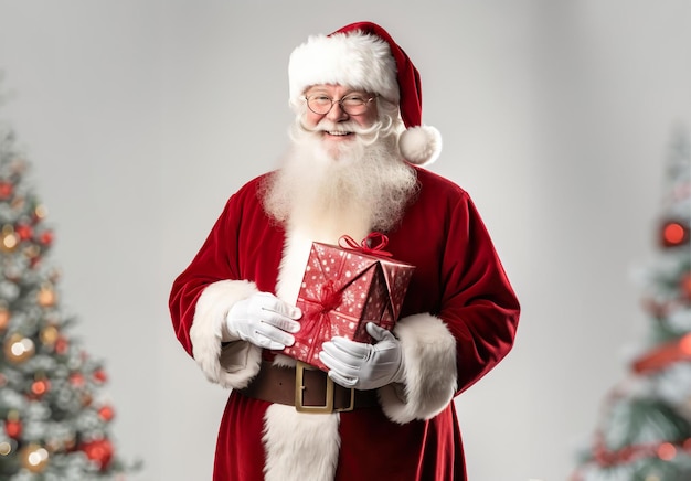 Generatives AI-Bild von Happy Santa Claus mit buschigem weißen Bart im klassischen Weihnachtsmannskostüm