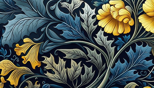 Generatives AI-Blumenmuster in gelben, blauen, grünen Farben William Morris inspirierte natürliche Pflanzen