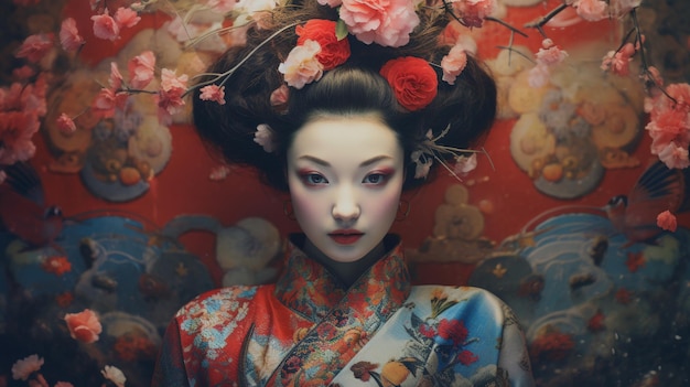 Generatives AI-Geisha-Porträt mit Blumen