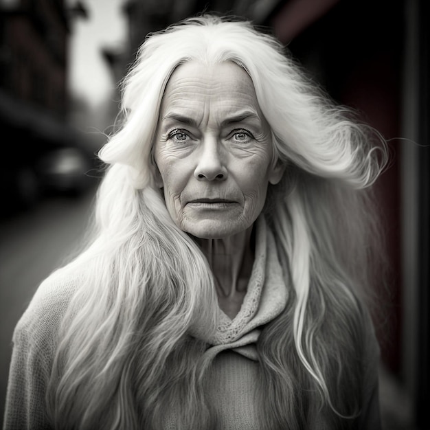 Generatives AI-graues Haar, reife Frau, Schwarz-Weiß-Porträt
