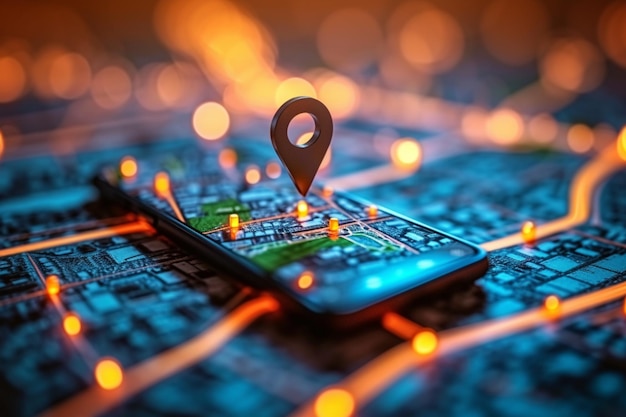 Generatives AI-Smartphone-GPS-Symbol auf einer Karte, die eine Verkehrsstraße darstellt
