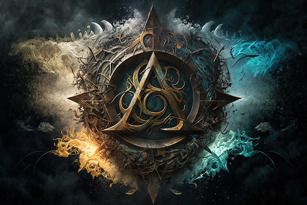 Generatives KI-Arkansymbol mit Wirkung von Feuer und Eis Magisches Symbol Asgard-Symbol Runen und Dreiecksymbol mit Gold- und Metallfarbe