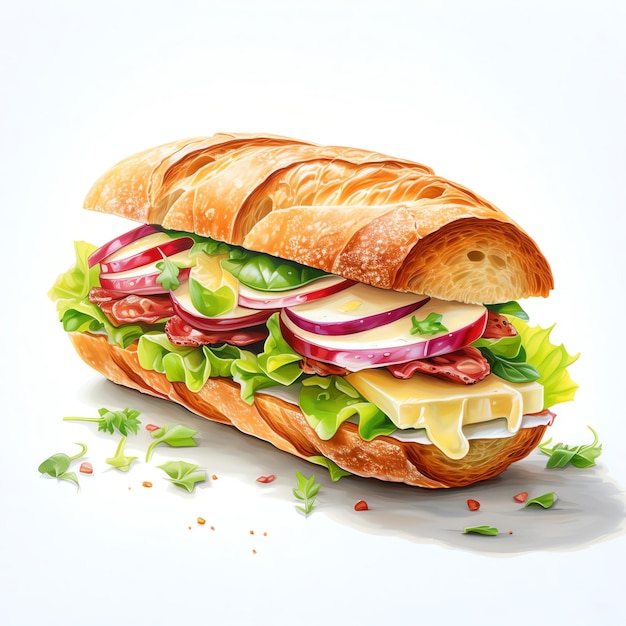 Generatives KI-Baguette-Schinken-Sandwich mit Käse kunstvoll eingefangen in Aquarellspritzer