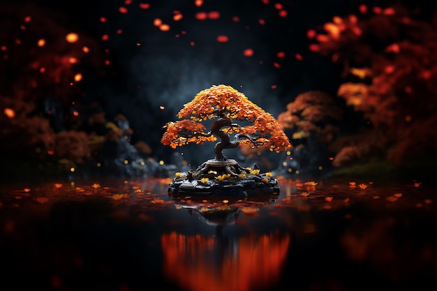 Generatives KI-Bild der Herbst-Ahorn-Dekoration mit Naturhintergrund in der Nacht