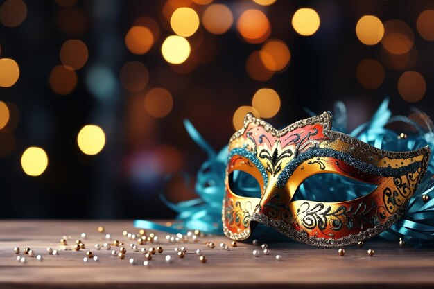 Generatives KI-Bild der Karnevalsparty-Maskendekoration auf Bokeh-Licht-Hintergrund