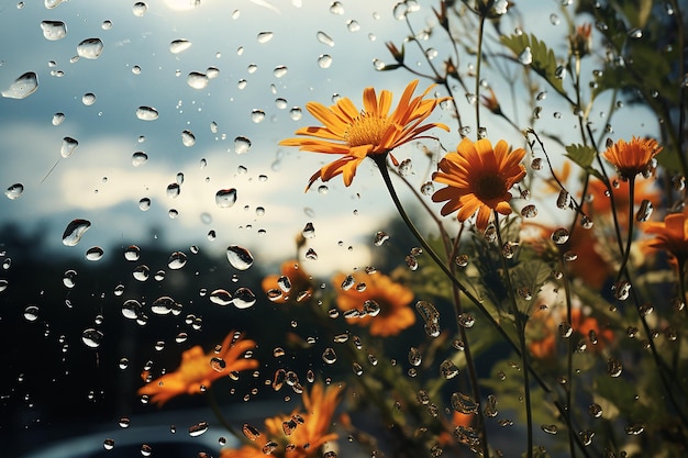 Generatives KI-Bild der Naturlandschaft aus dem Glas mit blühender Pflanze während des Regens