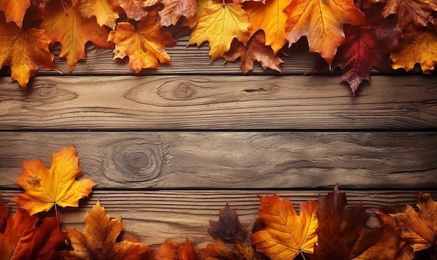 Generatives KI-Bild des Herbsthintergrundes mit orange-gelben Ahornblättern auf einem Holztisch