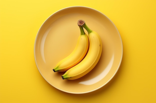 Generatives KI-Bild einer Bananenfrucht auf einem Teller mit gelbem Hintergrund