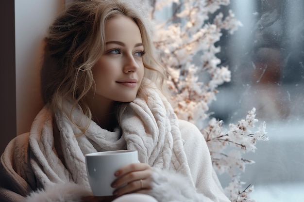 Generatives KI-Bild einer Frau, die im Winter am Fenster sitzt und eine Kaffeetasse in der Hand hält