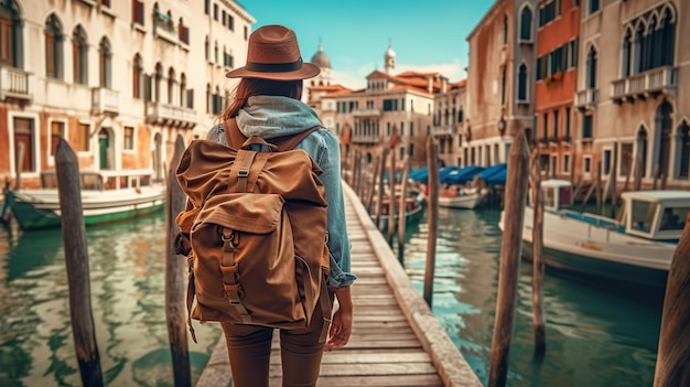 Generatives KI-Bild einer Frau mit Rucksack, die eine Brücke hinuntergeht