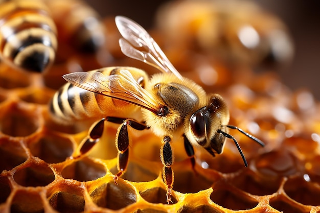 Generatives KI-Bild einer gelben Biene, die in einer Wabe arbeitet und süßen Honig produziert