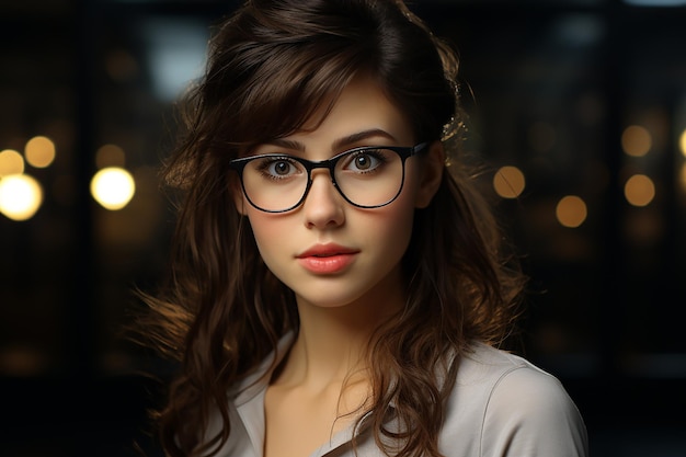 Foto generatives ki-bild einer jungen frau mit brille vor hellem bokeh-hintergrund