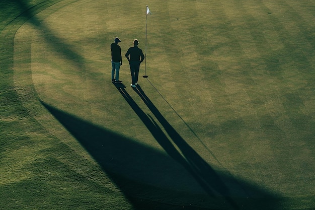 Generatives KI-Bild einer Luftaufnahme von zwei männlichen Golfspielern, die auf einem Golfplatz stehen