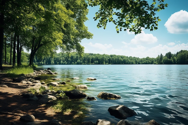 Generatives KI-Bild einer Seenaturlandschaft mit grünen Bäumen an einem sonnigen Tag