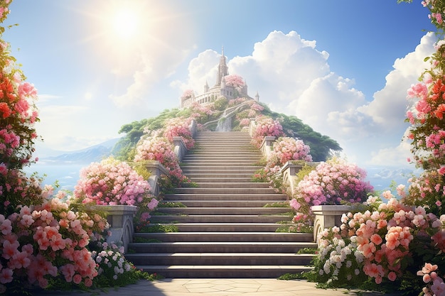 Generatives KI-Bild einer Treppe zum Palast mit wunderschönen blühenden Blumen im hellen Himmel