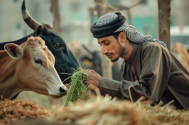 Generatives KI-Bild eines arabischen muslimischen Mannes, der während des Eid Al Adha in der Stallung einer Kuh Gras gibt