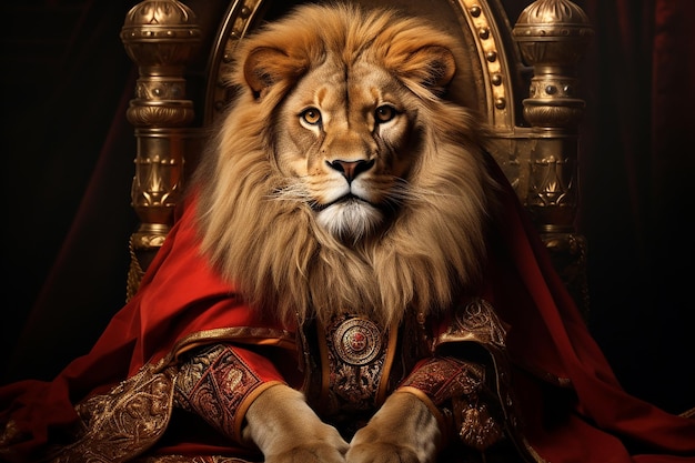 Generatives KI-Bild eines braunen Löwen, der auf einem Thron sitzt und einen roten Umhang trägt