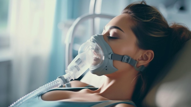 Foto generatives ki-bild eines brünetten patienten mit sauerstoffmaske in einem krankenhaus