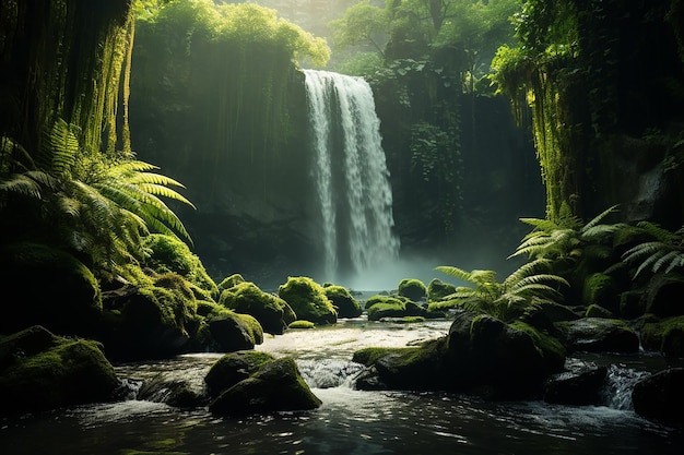 Generatives KI-Bild eines frischen Wasserfalls mit Fluss im tropischen Wald