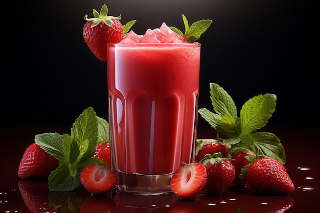 Generatives KI-Bild eines Glases Erdbeerfruchtsaft mit Eis auf dunklem Hintergrund