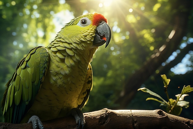 Generatives KI-Bild eines grünen Papageis, der bei hellem Tag auf einem Ast im Wald thront