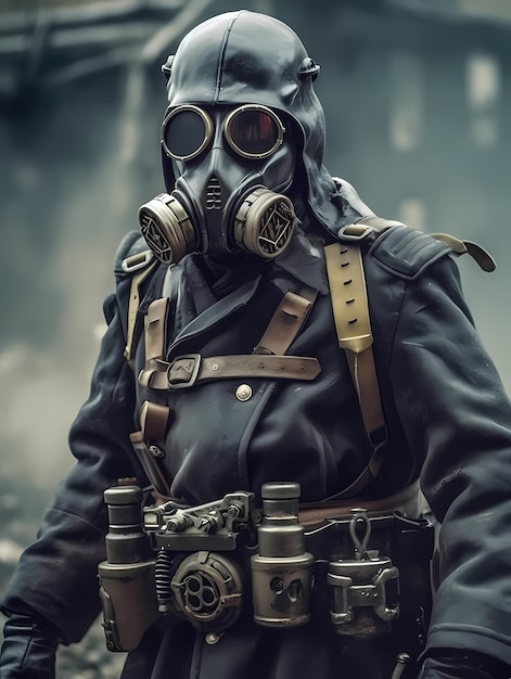 Generatives KI-Bild eines hyperrealistischen Soldaten mit Gasmaske, während er auf einer zerstörten Stadtstraße steht