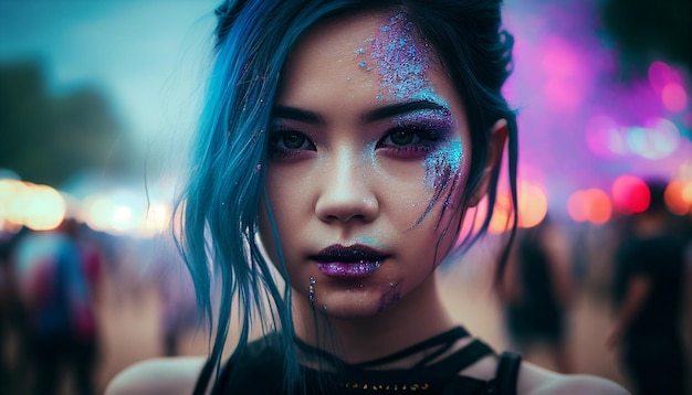 Generatives KI-Bild eines jungen wunderschönen Mädchens mit Glitzer im Gesicht, das ein Edm-Festival genießt