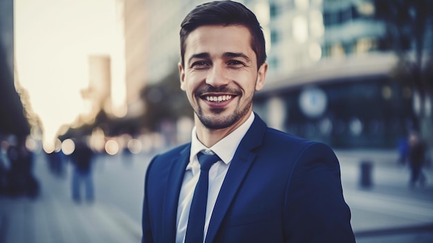 Generatives KI-Bild eines lächelnden Mannes in einem Business-Outfit auf einer Stadtstraße