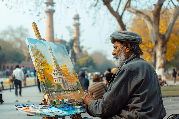 Generatives KI-Bild eines Malers, der ein Bild des pakistanischen Nationaldenkmals im Stadtpark malt