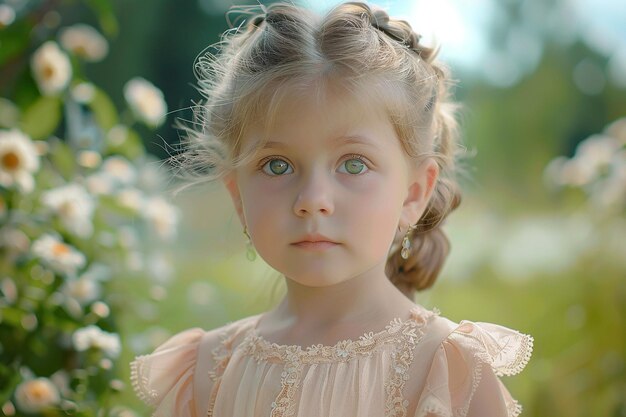 Generatives KI-Bild eines wunderschönen russischen Mädchens, das im Frühling ein Kleid im Blumenpark trägt