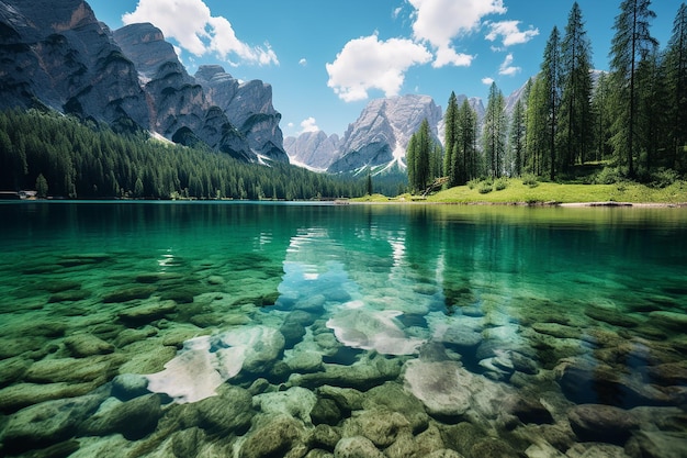 Generatives KI-Bild mit Blick auf den See mit klarem Wasser und Bergen bei hellem Tag