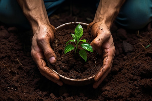 Generatives KI-Bild vom Weltumwelttag mit Händen, die Erde und junge Pflanze im Topf halten