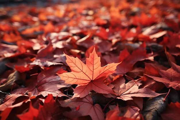 Generatives KI-Bild von herbstlichen roten Ahornblättern, die auf den Boden fallen