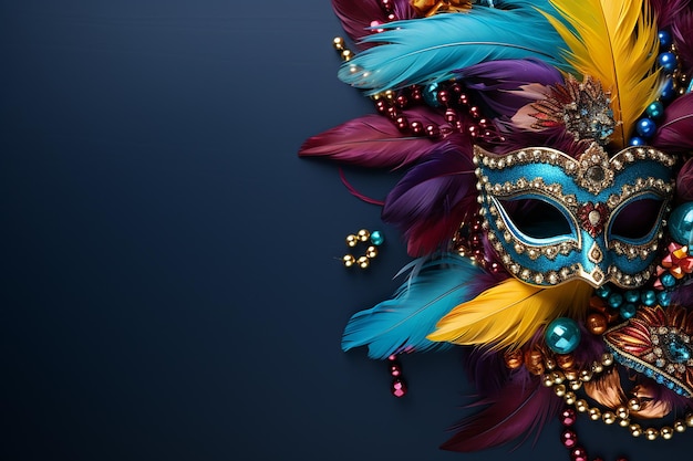 Generatives KI-Bild von Karnevalsmaskendekoration mit Leerraum auf dunkelblauem Hintergrund