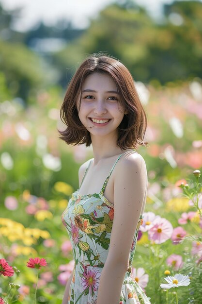 Generatives KI-Bild von Porträt eines japanischen Mädchens mit kurzen Haaren, das im Blumenpark lächelt