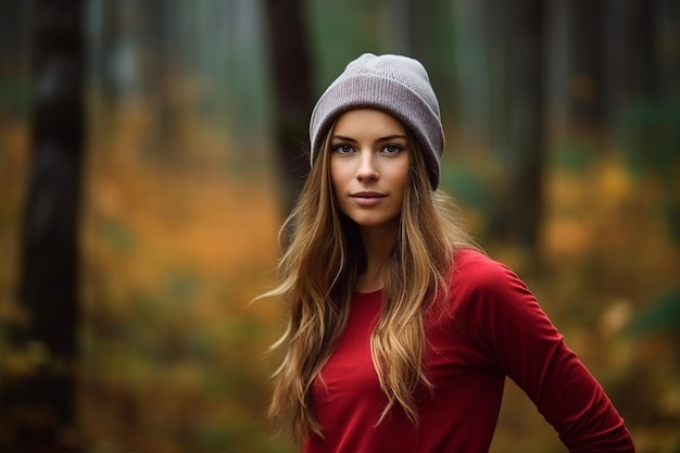 Foto generatives ki-bildporträt einer jungen sportlerin, die in grünen waldwäldern wandert und joggt