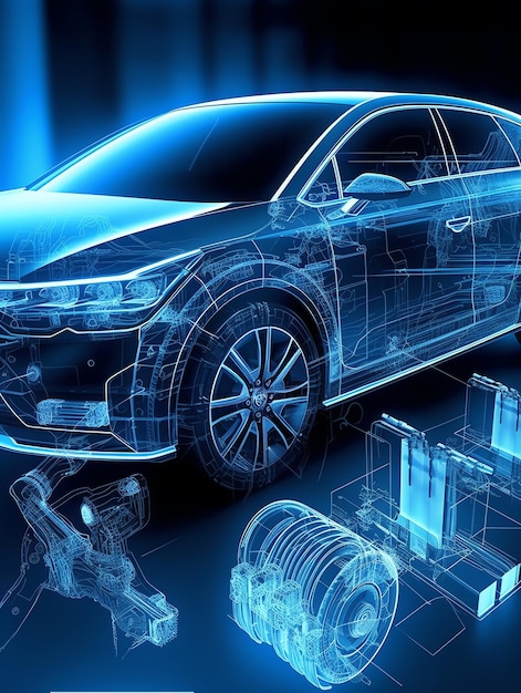 Generatives KI-Chassis des Elektro-Hybridautos mit Antriebsstrang. Fahrzeugwartung. Blau getönt