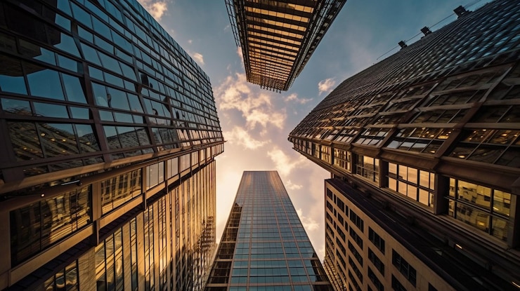 Foto generatives ki-flachwinkelbild moderner bürogebäude mit urbaner architektur im finanzsektor