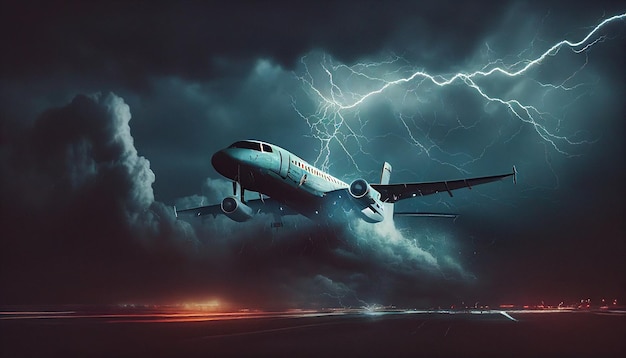 Generatives KI-Flugzeug, das in einem Gewitter mit Blitzeinschlägen und einem dunklen, nebligen Himmel fliegt