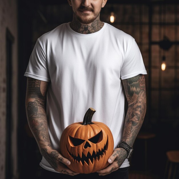 Generatives KI-Foto eines Mannes, der einen Halloween-Kürbis in der Hand hält und ein schlichtes weißes T-Shirt trägt