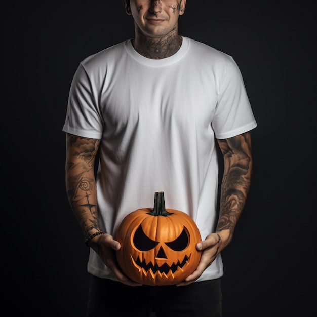 Generatives KI-Foto eines Mannes, der einen Halloween-Kürbis in der Hand hält und ein schlichtes weißes T-Shirt trägt