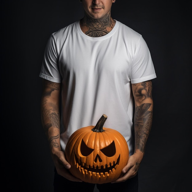 Generatives KI-Foto eines Mannes, der einen Halloween-Kürbis in der Hand hält und ein schlichtes weißes T-Shirt trägt