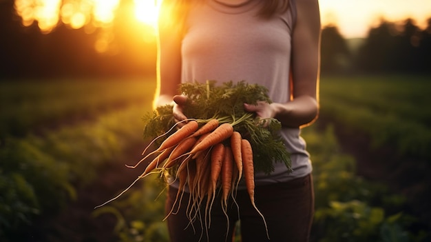 Generatives KI-Gemüse in den Händen einer Bäuerin im Garten Karotten vom Boden