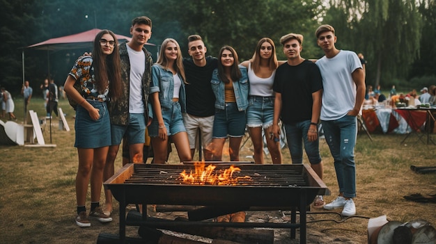 Generatives KI-Gruppenbild von Teenagern, die ein Picknick gruppiert um den Grill genießen