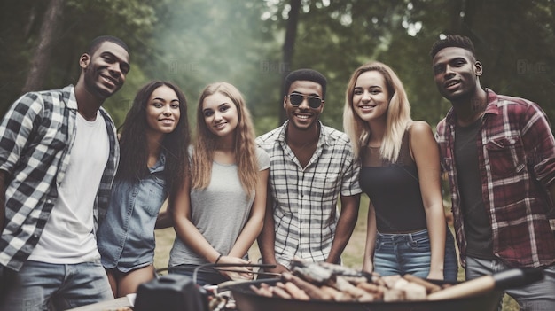 Generatives KI-Gruppenbild von Teenagern, die ein Picknick gruppiert um den Grill genießen