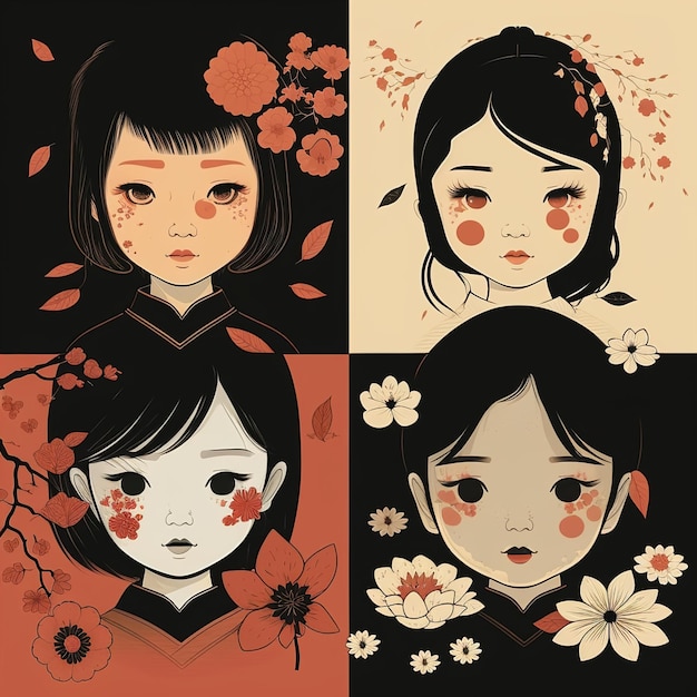 Generatives KI-Illustrationsporträt eines entzückenden asiatischen Mädchens mit schwarzem Haar, das mit blühenden Blumen und traditioneller Tracht geschmückt ist und auf beigem Hintergrund in die Kamera schaut