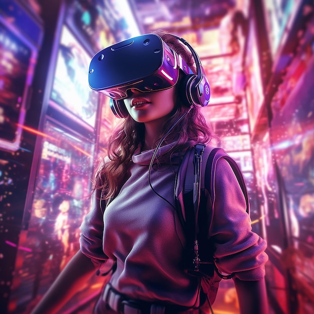 Generatives KI-Mädchen mit VR- und Musik-Headset vor dem Hintergrund einer futuristischen Stadt