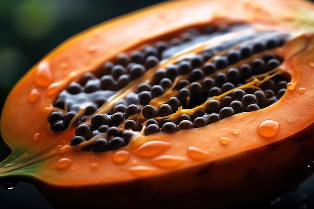 Generatives KI-Makro. Frische Hälfte der Papaya-Frucht, Hintergrund. Tropisches exotisches Nahaufnahmefoto mit Tropfen