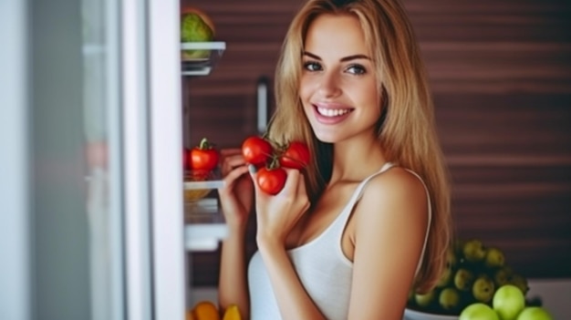 Generatives KI-Modell einer schönen jungen Frau in der Nähe des Kühlschranks mit gesundem Essen