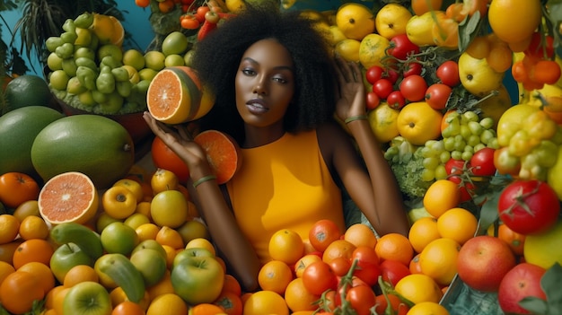 Generatives KI-Modeporträt einer Frau, umgeben von Früchten
